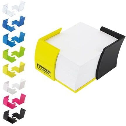 Bloc-notes cube personnalisable jaune avec support noir polystyrène (PS) bleu moyen blanc neige