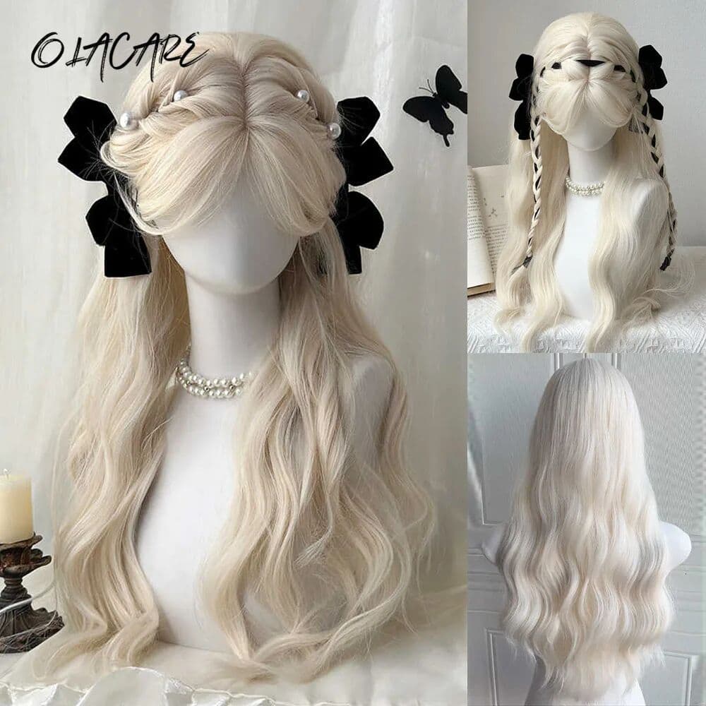 OLACARE Long Blonde Wavy Synthetic Wigs with Bangs Lolita Cosplay Blonde Halloween Natural Wave Hair Wigs for White Women Heat Resistant