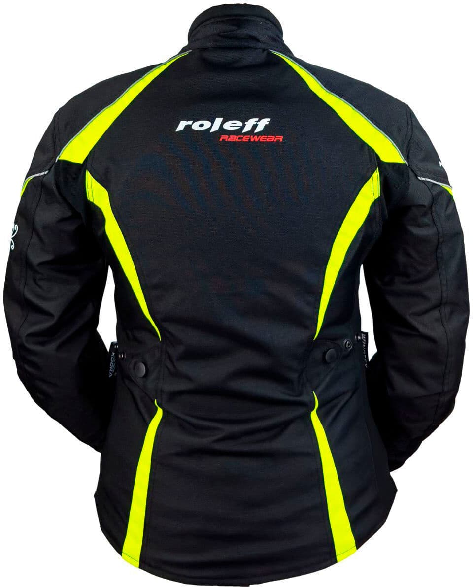 Motorradjacke ROLEFF "Latina Lady" Gr. XS, schwarz (schwarz, gelb), Jacken, Damen, XS, Obermaterial: 100% Polyester. Innenfutter: 100% Polyester, Motorradjacke, Mit Sicherheitsstreifen