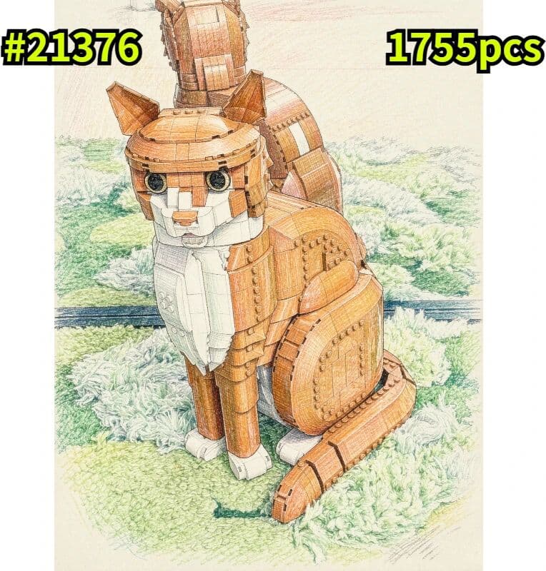 Potdemiel 1755PCS Ginger Cat Bricks Model Set Realistic Orange Cat Model Pet Animal Construction Toy for Home Decor Gift for Adult
