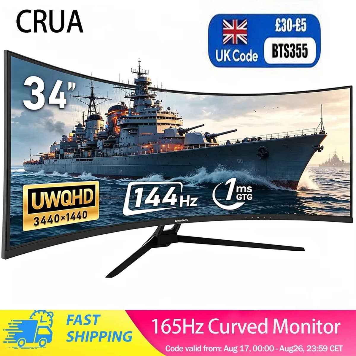 CRUA 34 Inch 144Hz/165Hz Ultrawide Curved Monitor, 21:9 UWQHD (3440x1440) 1500R Curvature , Curved Computer Screen with FreeSync, Gaming Monitor 178° Viewing Angle,Display Port、HDMI2.0,Compatible with