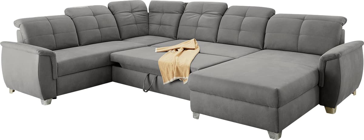Wohnlandschaft JOCKENHÖFER GRUPPE "Livorno U-Form, B: 354 cm", grau, B:354cm T:100cm, Luxus-Mocrofaser in Lederoptik (100% Polyester);Kissen: 44% Polyethylem, 30% Polyacryl, 26% Polypropylen, Sofas, Wohnlandschaft, mit Schlaffunktion, Bettkasten, Kopfteil