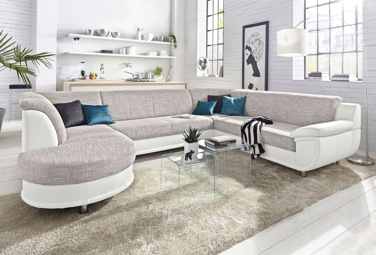 Wohnlandschaft TRENDMANUFAKTUR "Rondo III 320 cm, modern, im Materialmix, U-Form, Chromfüsse", weiss (weiß, cappuccino), B:320cm H:85cm T:94cm, Kunstleder SOFTLUX / Struktur (77% Polyester; 23% Polyacryl);Luxus-Microfaser ALCAZAR (100% Polyester) / Feinst