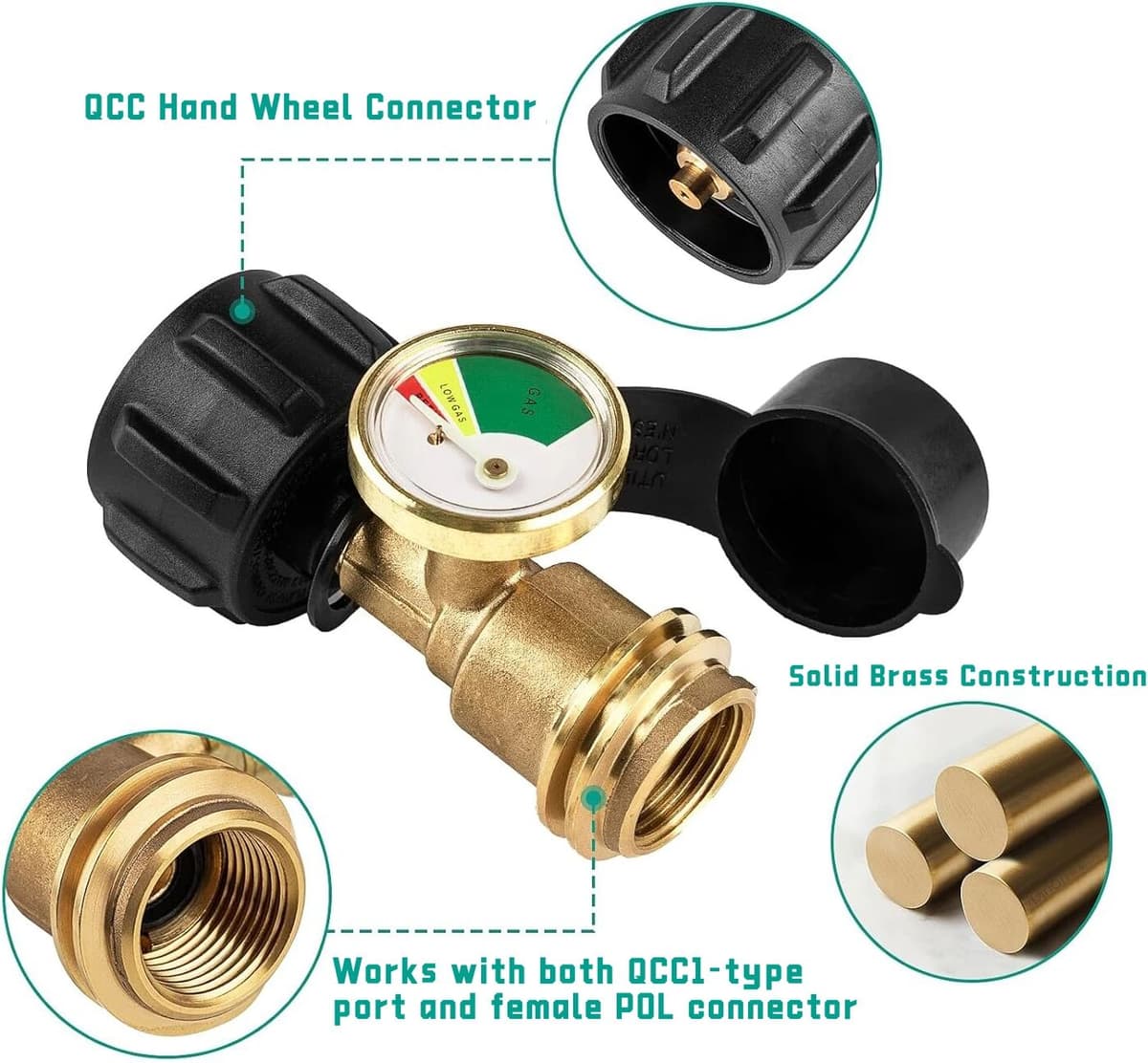NONE （Two pieces）Propane Adapter with Gauge, QCC1 Refill Fitting, Brass Tank Converter for North‑American Tanks, POL Connector