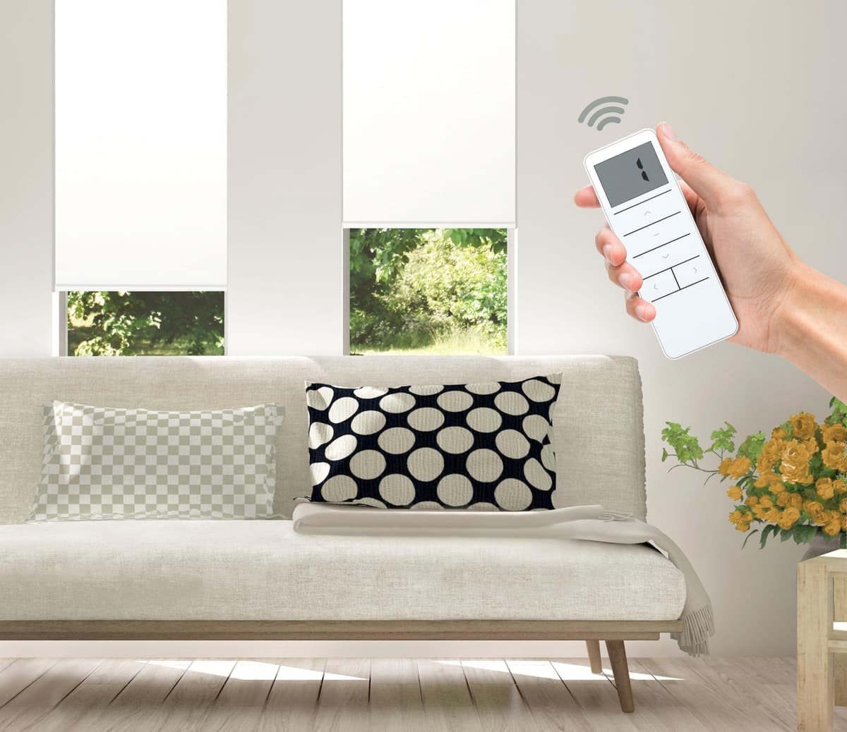 Elektrisches Rollo GOOD LIFE "Vau - SMART HOME" Gr. 6, weiss (weiß, weiß), B:90cm H:150cm, Kunststoff, Metall, Polyester, Rollos, Elektrisches Rollo, mit Fernbedienung weiß, weiß 150cm, einseitig verschiebbar, 90cm