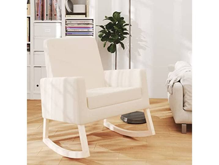 Xolmizyn Schaukelstuhl, Relaxsessel mit Armlehnen, Creme Stoff, Holz Massives Gummibaumholz, Bequemer Schaumstoff, Modernes Design