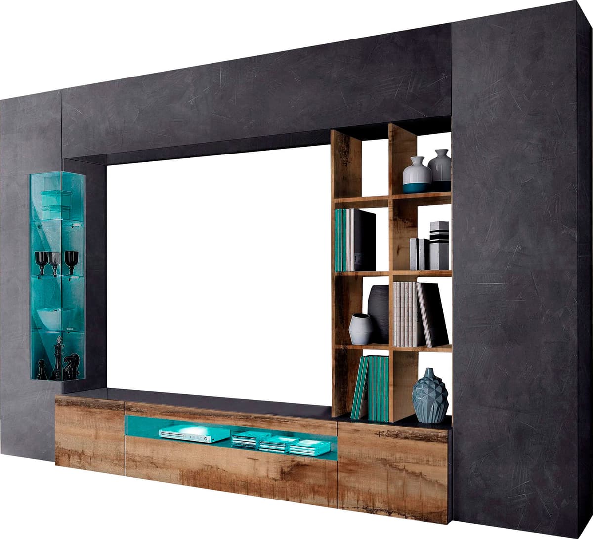 Wohnwand GOODPRODUCT "New Egypt, Anbauwand, Medienwand, Wohnzimmerwand", braun (zement, peireira matt), B:290cm H:190cm T:40cm, Glas, Holzwerkstoff, Kastenmöbel-Sets, Wohnwand, Regalaufsatz Breite 290 Höhe 191 zement, peireira matt B/H/T: 290cmcm x 190cmc