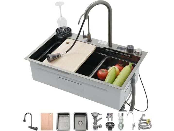 Edelstahl Spüle Einzelne Schüssel Bar Spüle Multifunktions Haushaltsspülbecken Mit Wasserhahn,Entwässerungskomponente,Entwässerungsbecken,Entwässerungskorb,Schneidebrett (Color : Nero, S : 75x46x22c