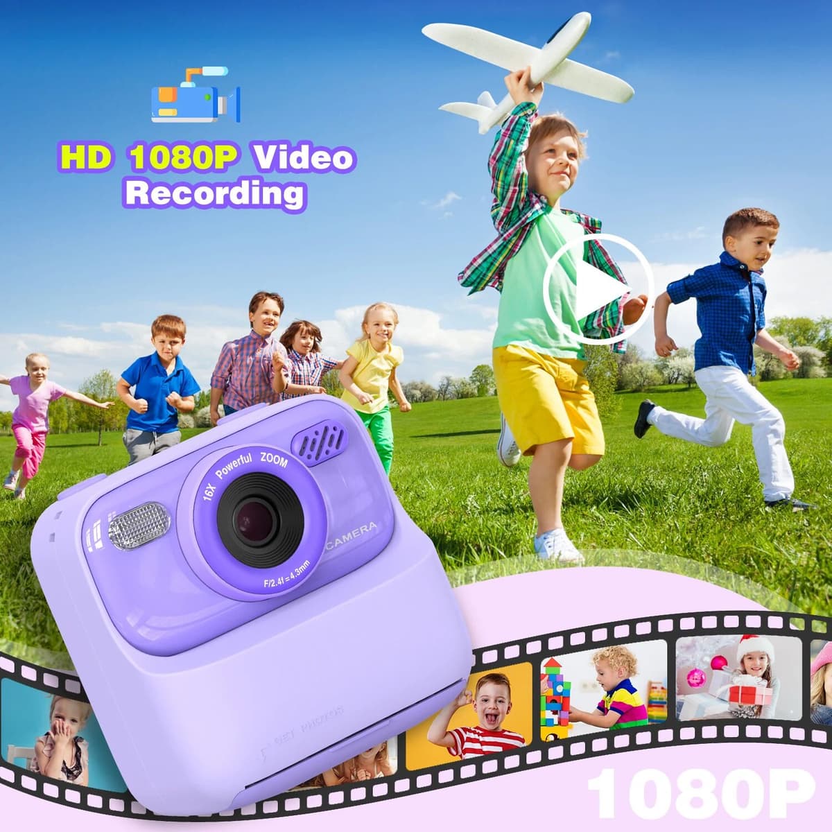 NONE Kids Instant Print Camera, Toddler Digital Camera, HD Dual Lens Selfie for Girls Boys Christmas Birthday Gifts Toys
