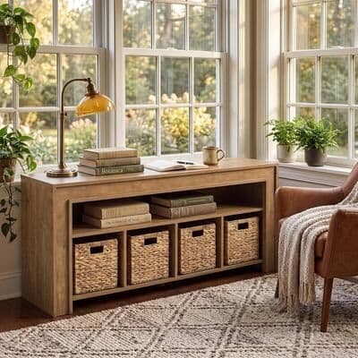 YUZHOU 63-Inch Horizontal Bookcase, Farmhouse Storage Shelf with 4 Baskets
