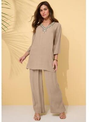Plus Size Women's Hand Crinkled Embellished Tunic by Roaman's in New Khaki Grecian Geo (Size 16 W)