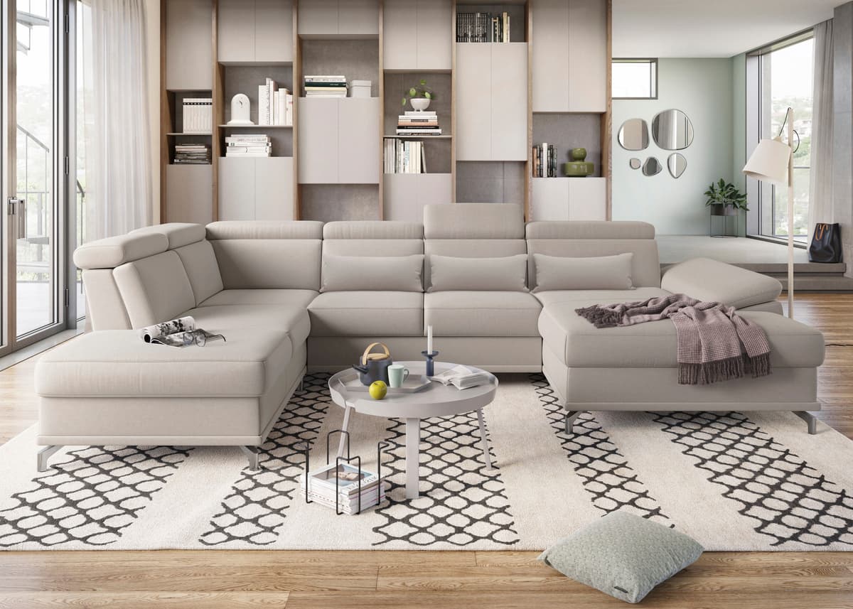 Wohnlandschaft SIT & MORE "Cabrio U-Form, B: 359 cm, mit Sitztiefen-, Arm- & Kopfteilverstellung", grau (elephant), B:359cm H:87cm T:230cm, 100% Polyester, Sofas, Wohnlandschaft, 3 Nierenkissen, Federkern, mit Schlaffunktion und Stauraum elephant B/H/T: 3