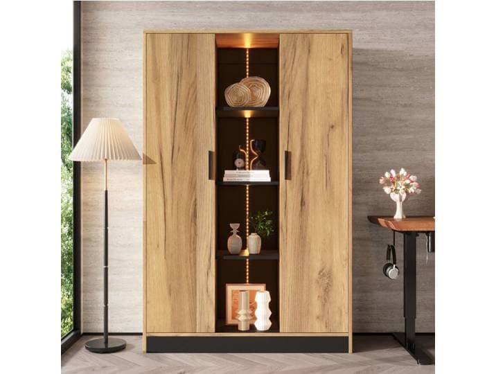 Maisentiel Armoire vitrée LED 95 x 35 x 160 cm bois effet chêne et noir 2 portes étagères réglables