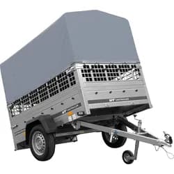 PKW-Anhänger 200x125 UNITRAILER GARDEN 201 KIPP mit Gitteraufsatz und grauer Hochplane