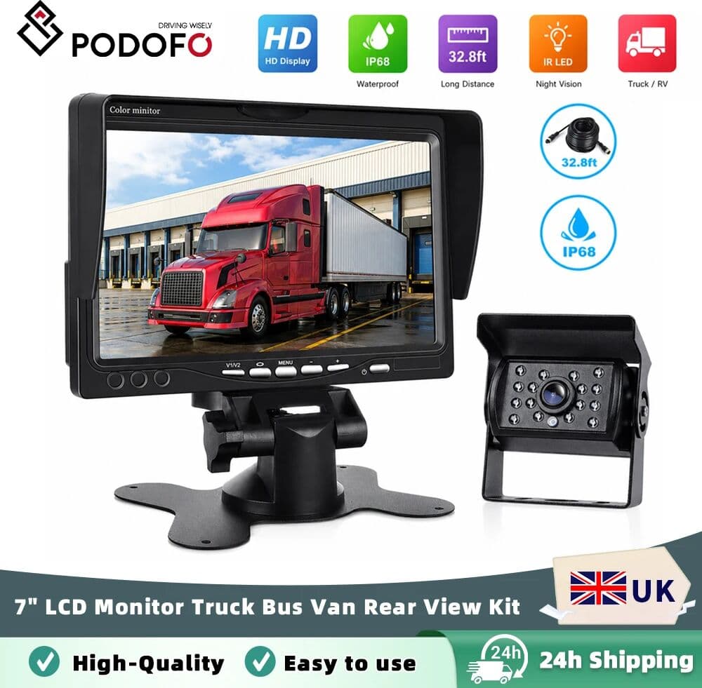 Podofo 7 Inch Car Reversing Camera IR Night Vision Rear View Monitor 4 Pin TFT LCD Monitor 12V/24V Backup Camera For RV Truck Bus Van