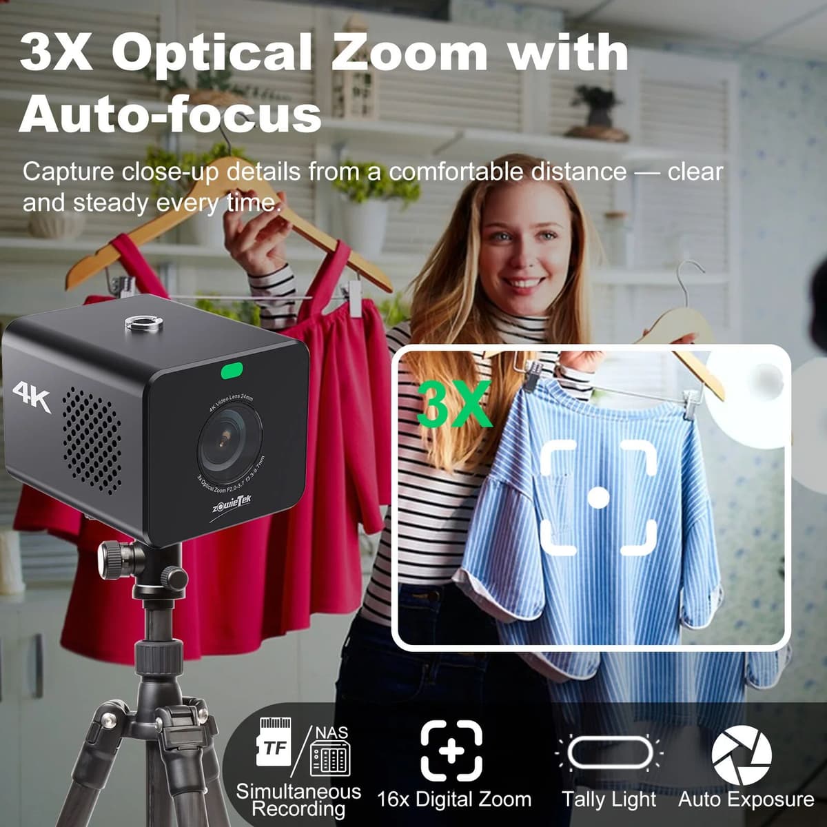 zowietek 3X Optical Zoom POV Camera, 4K Camera, Auto focus, Standalone Live streaminng, NDI HX3 Camera, HDMI/SDI/USB, SRT/RTMP/RTSP