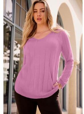 Plus Size Women's Plus Size Drop Needle V-Neck Lightweight Sweater Knit by Roaman's in Mauve Orchid (Size 3X)