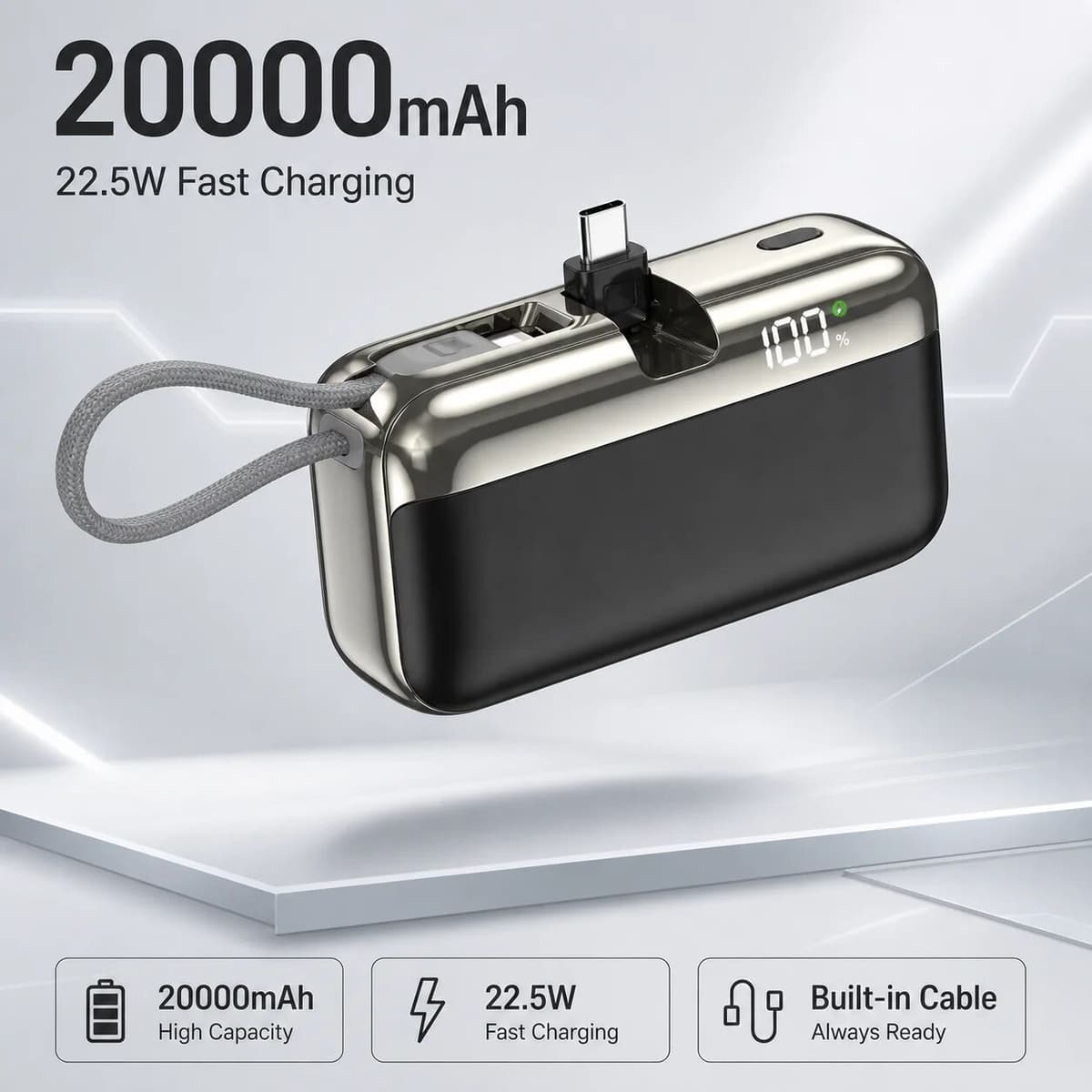 NONE 20000mAh Power Bank 22.5W Fast Charging Built-in Cable Capsule Portable Charger for OnePlus 3c Tail Plug