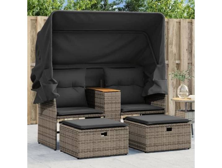 Canapé arrière-cour UU - Canapé de jardin 2 places avec auvent et tabourets gris rotin 144x92x69 cm