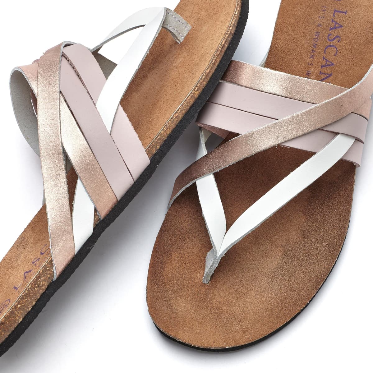 Zehentrenner LASCANA "Sommerschuh, offener Schuh, Pantolette, Sandale", Damen, Gr. 39, Rindsleder, rosa (rosé), Obermaterial: 100% Rindsleder. Decksohle: 100% Rindsleder. Laufsohle: 100% Synthetik, metallic, unifarben, Basic, Schuhe Zehentrenner, aus Lede