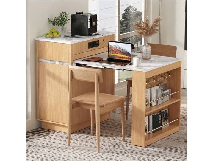 MEUVYX Desserte de Cuisine à Roulettes avec Plateau Extensible Tiroirs LED et Prises USB et Type-C en MDF Naturel
