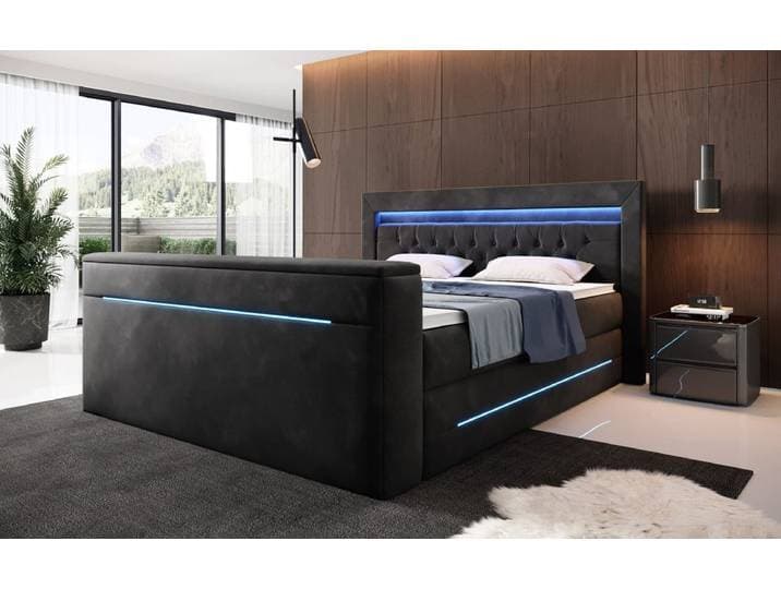 Boxspringbett Neptun mit TV Lift und RGB - 160x200 - Schwarz - H2 (bis 70kg) - Luxusbetten24
