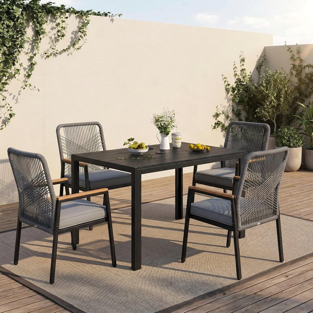 17 Stories Patio Dining Set Umbrella Hole Included Table, Dark Gray Cushion/Dark Gray Frame
