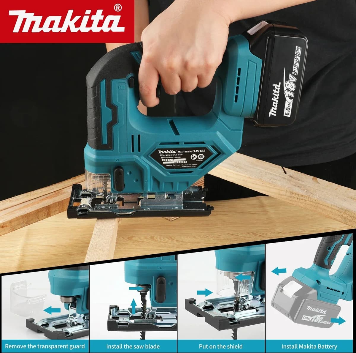 Makita DJV182Z-Electric Hammer Saw, Wireless Tool with 18V Lithium Battery, for Carpentry, Rechargeable, Curved, Multifunction,