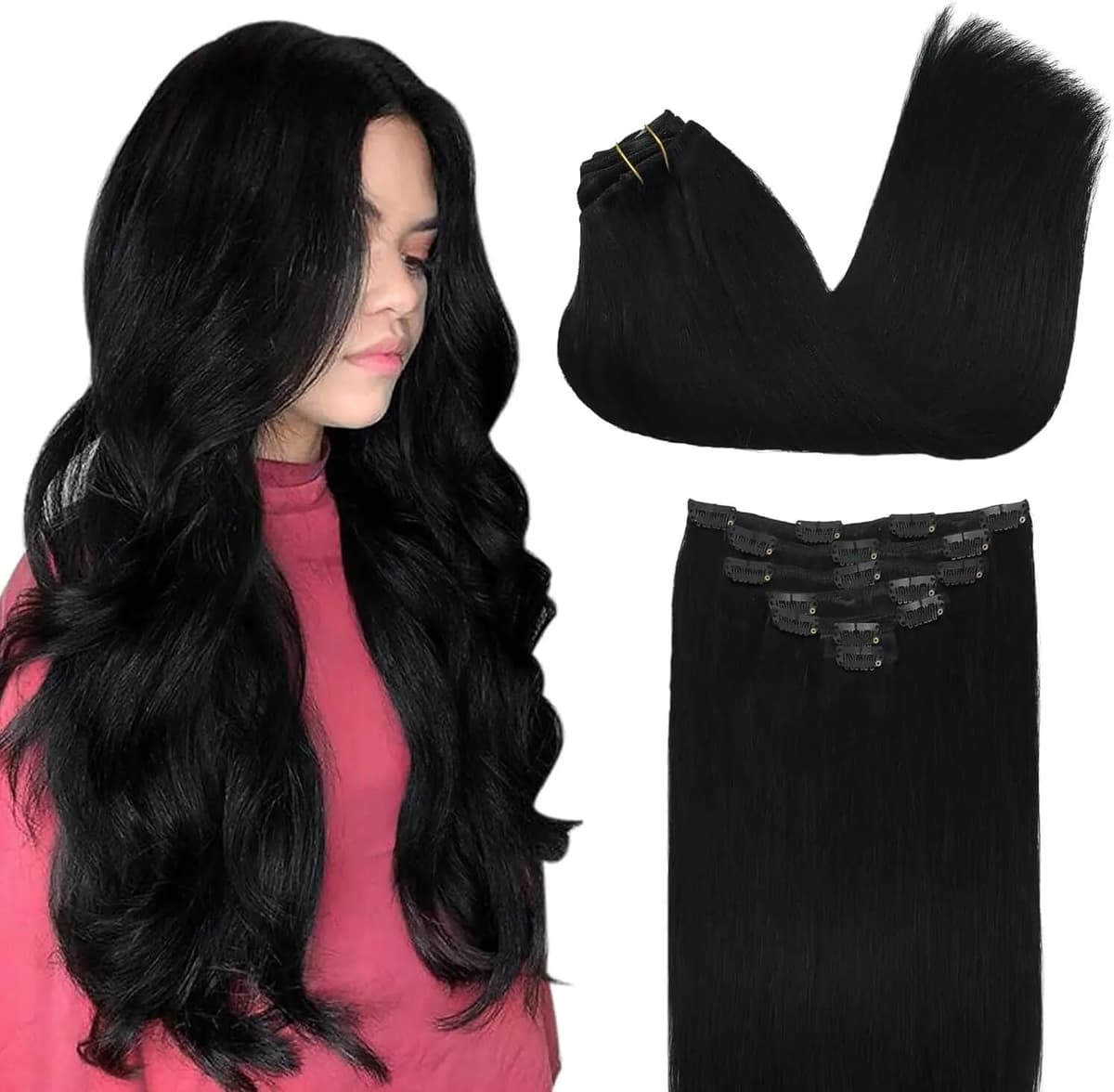 Boymia Remy Human Hair Clip Ins Extensions Double Weft Machine-Made 7PCS 14' Natural Real for Hair Volume Heat-Resistant Easy Stylin