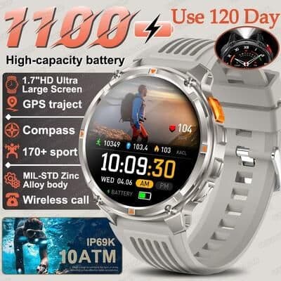Uplift Picks T Rex Pro Military Smart Watch With GPS Compass Rugged Outdoor Fitness Watch Long Battery gray 1000 Mah