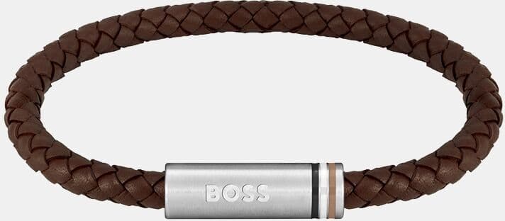 Boss Pulsera de hombre Ares Single de acero y piel marrón. Marrón