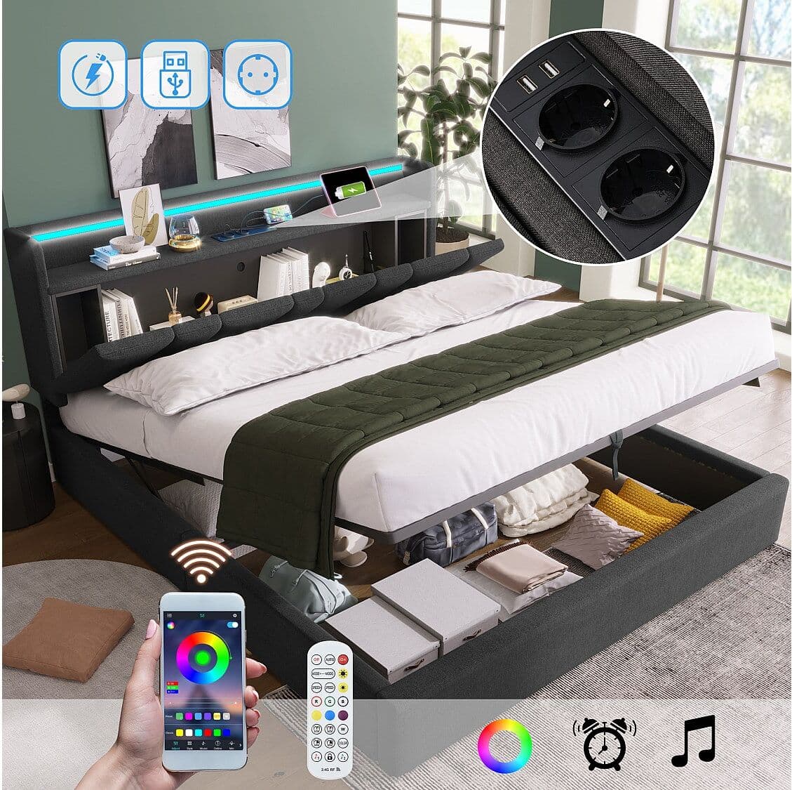 Merax Opbergbed 140 x 200 cm met opberghoofdeinde - LED-verlichting en USB-opladen - Linnenstof - Grijs