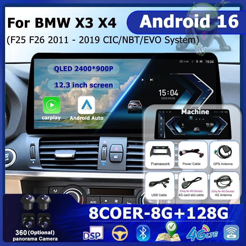 KJ-NAVI Android 16 For BMW X3 X4 F25 F26 2011 2012 2013 - 2019 CIC NBT EVO System GPS Car Audio Video Multimedia Player WiFi BT Carplay