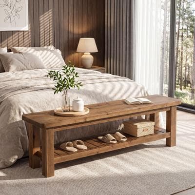 YUZHOU 63” Solid Wood Ben End Bench with Open Storage, 2 Tier Entryway Shoe Bench