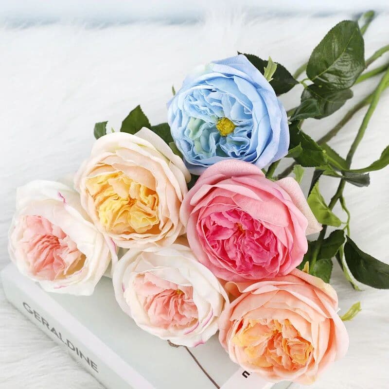 LINANUO 6Pc Moisturizing Austin Rose Wedding Decor Roses Real Touch Artificial Flowers Party Home Decoration Fake Flowers Bridal Bouquet