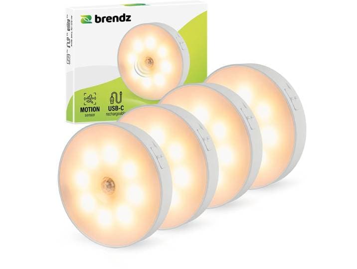 Brendz LED ronde Kastverlichting met Bewegingssensor\, USB-C Oplaadbaar\, Magnetisch\, 4 stuks\, Warm wit 3000K\, Trapverlichting draadloos\, Nachtlampje