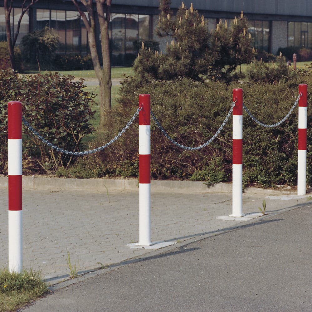 Sperrpfosten aus Stahl, zum Einbetonieren, Ø 76 mm, schwarz-gelb, 2 Kettenösen Moravia