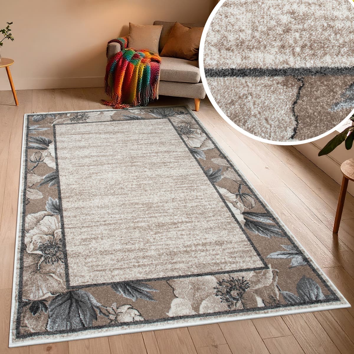 Teppich GOODPRODUCT "Florent mit Rahmen, Blumen Design", beige, B:160cm H:9mm L:230cm, Kunstfaser, Teppiche, Teppich, Floral, detailreiche Blüten, meliert, elegant, Wohnzimmer beige B : 160cm 1 Stk., 9mm, L: 230cm