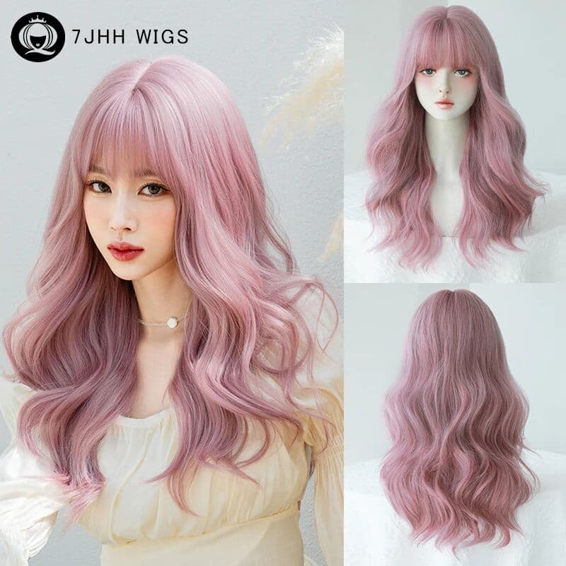 NONE 7JHH WIGS Costume Wig Synthetic Body Wave Purple Pink Wig for Women Daily Loose Wavy Hair Wigs with Neat Bangs Beginner Friendly