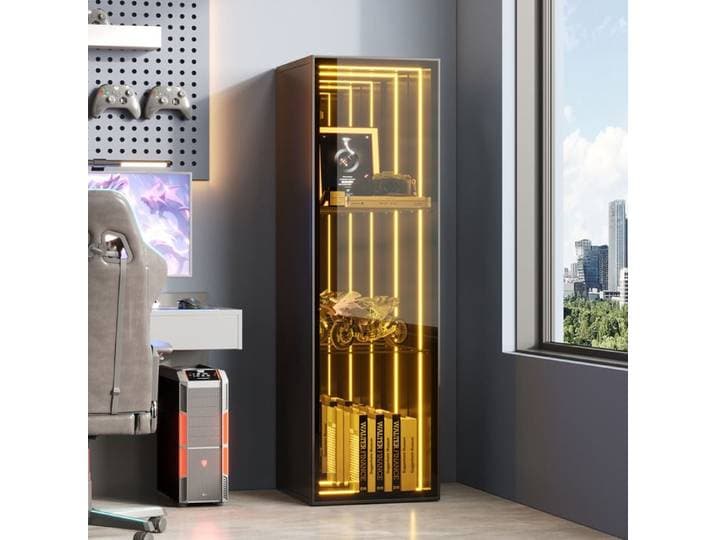 Vitrine portes à cadre en aluminium verre trempé trois compartiments de rangement étagères réglables bandeau lumineux LED noir