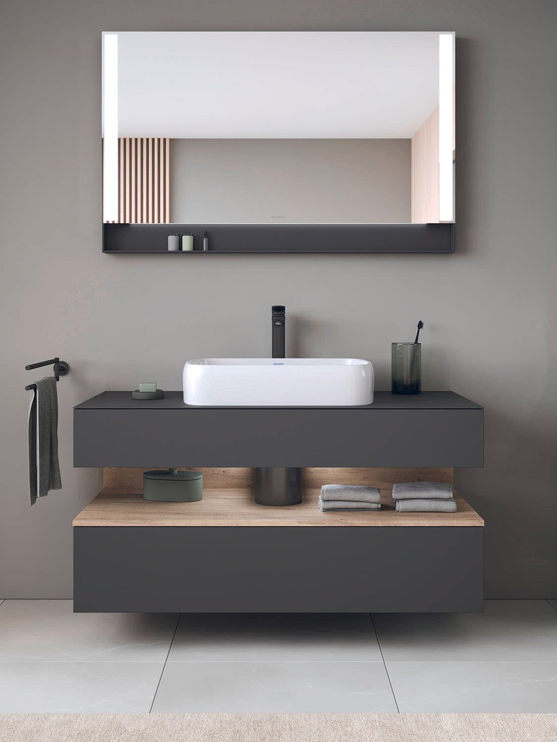 Duravit Collection One Konsolenwaschtischunterbau mit Ausschnitt mittig 120 x 60 cm, 2 Auszüge, mit LED Beleuchtung, Badmöbel, QA4732055830010,