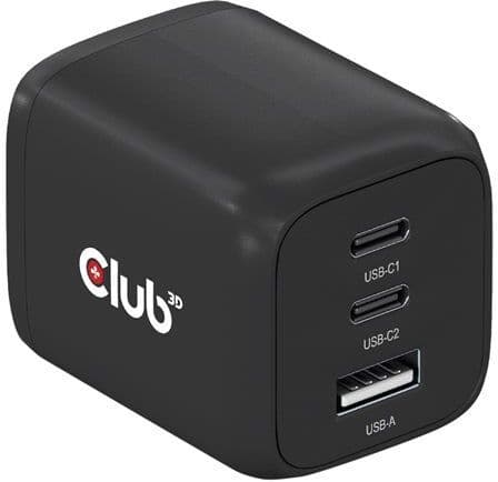 Club 3D travel charger 65w gan technology 1xtype-c 2xtype-c pd 3.0 support