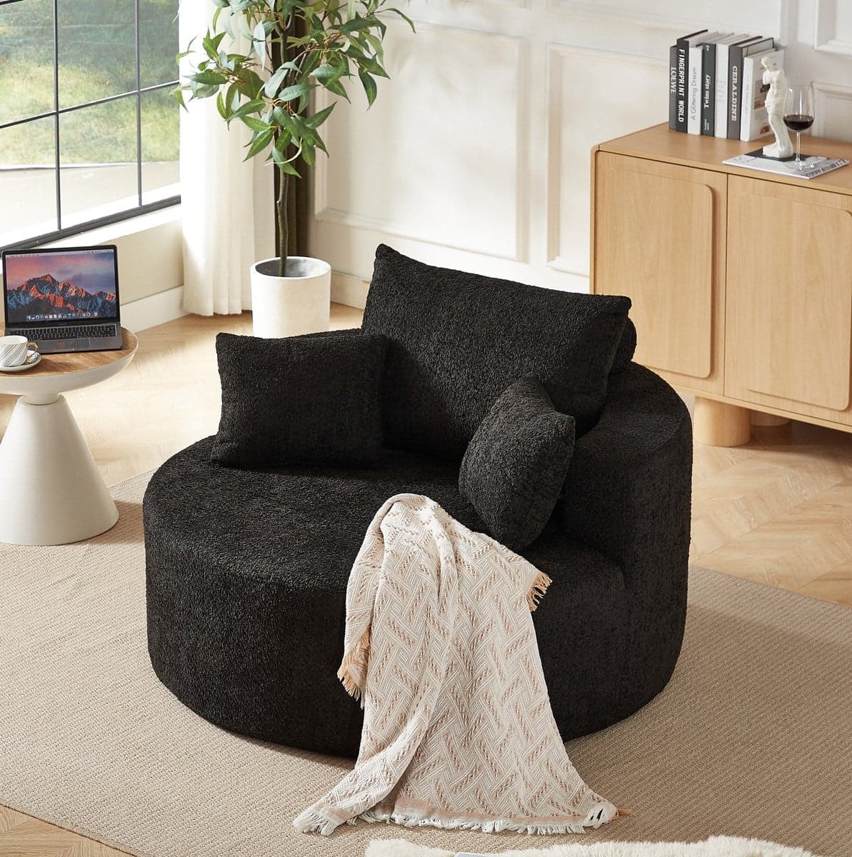 Wishdor Fauteuil - Moderne loungestoel met zwarte chenille bekleding - B/D/H: 127 x 127 x 82 cm