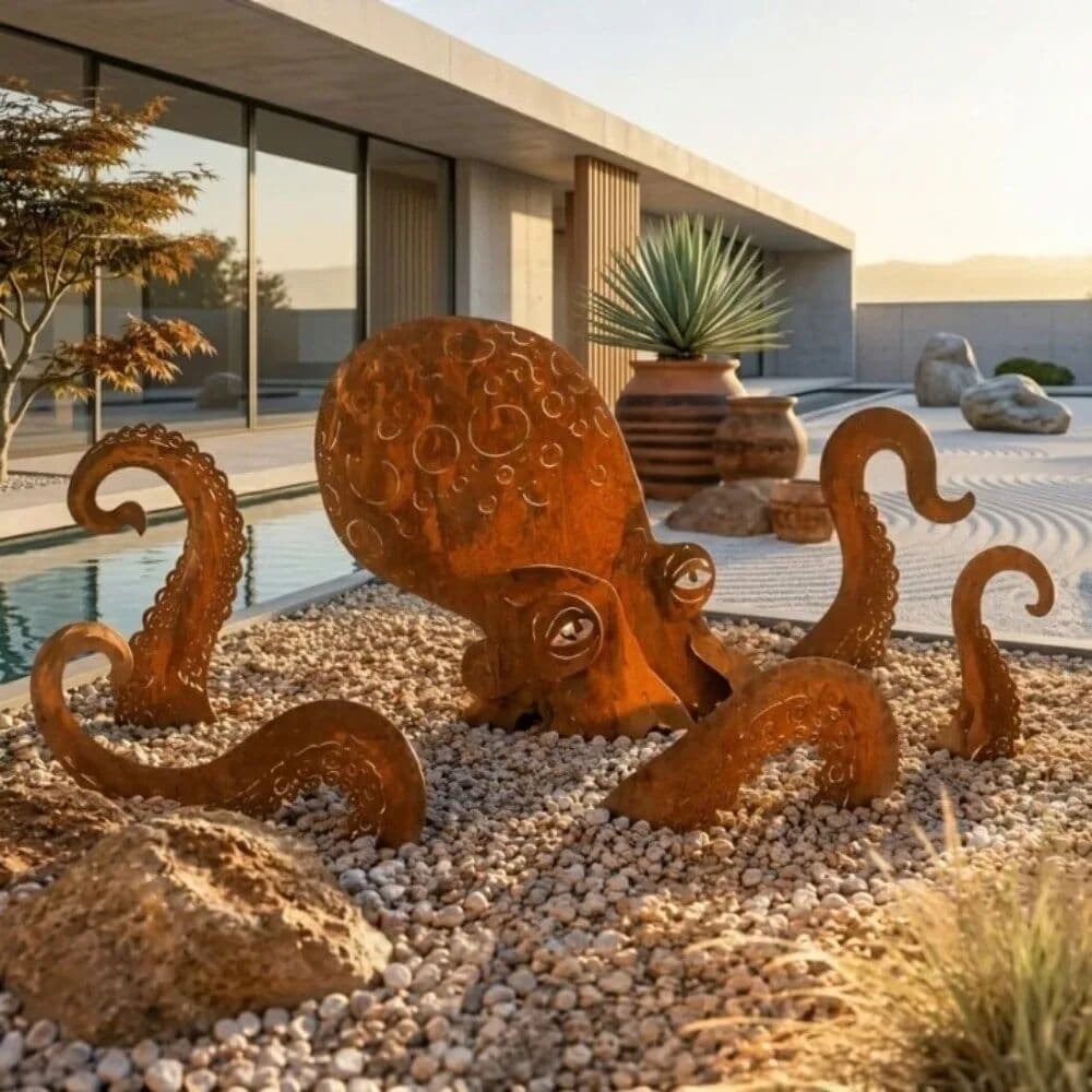 NONE Vintage Iron Rusty Metal Squid Garden Statue Rustic Coastal Art Squid Yard Art Decor Ocean Style Layered Layout