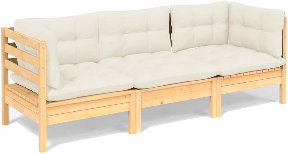 vidaXL Canapé 3 places de jardin et coussins crème Bois de pin solide