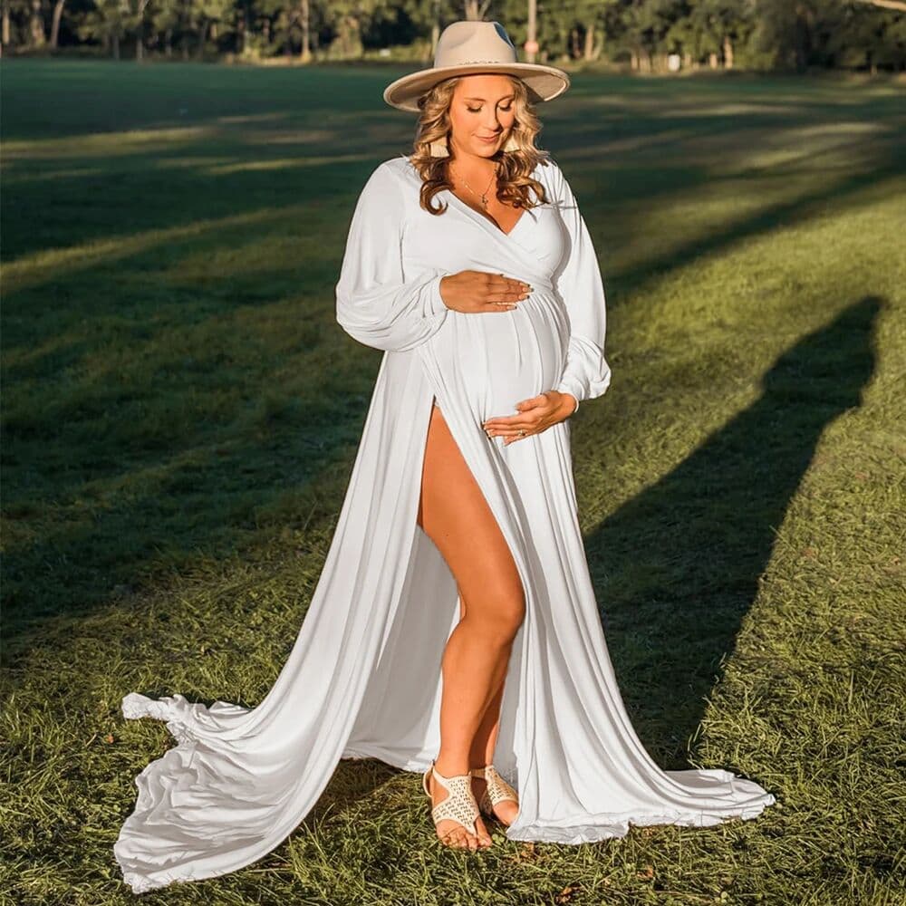 NONE Maternity Photography Dresses Baby Shower Maxi Gown Lantern Sleeve V Neck Pregnancy Wrap Side Split Robe