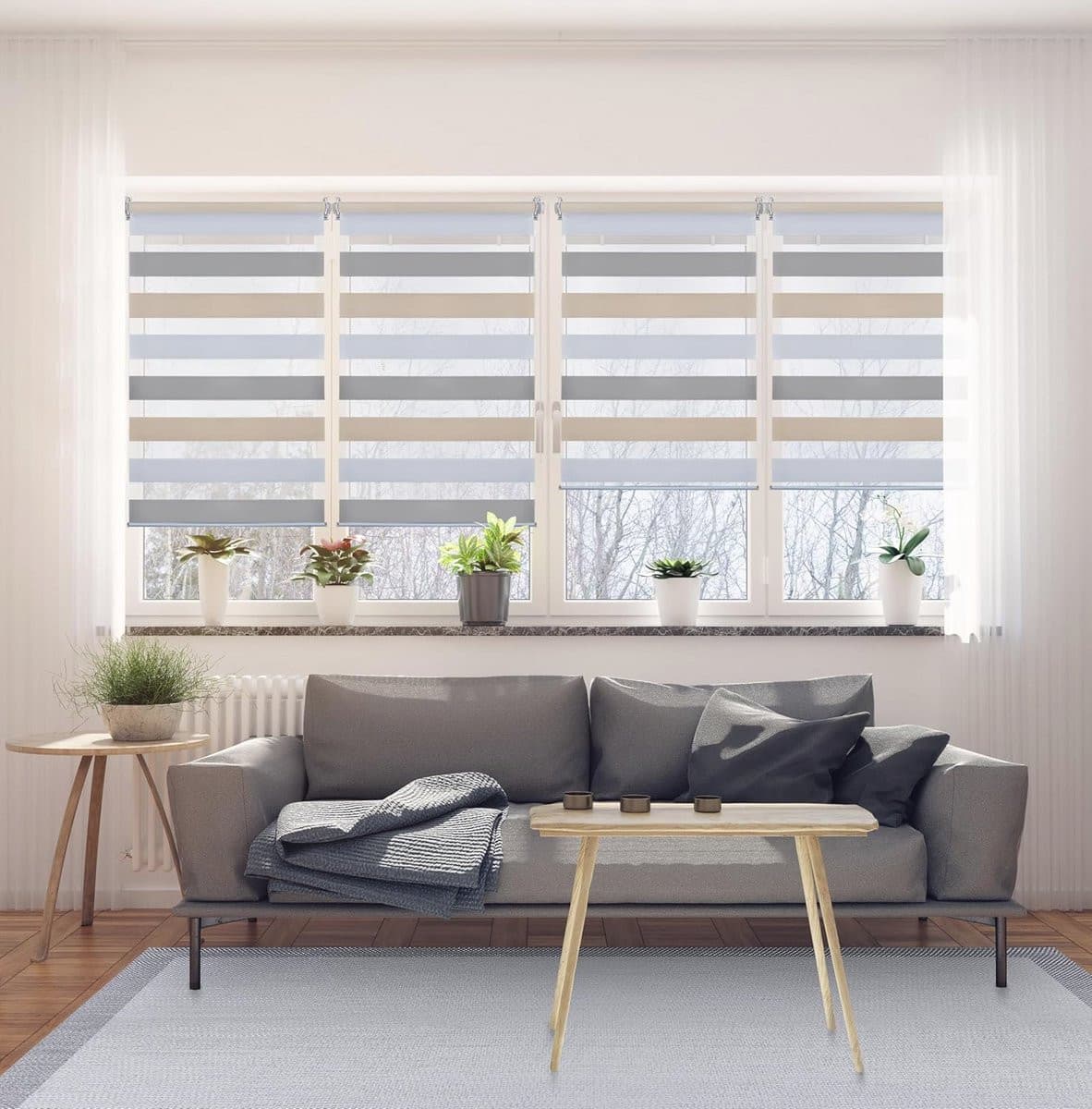 Dubbel gestoffeerd duorolgordijn voor kiepramen zonder boren - Wit-grijs-beige - B: 90 cm, H: 180 cm