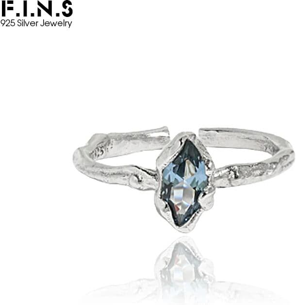 BIG J.W F.I.N.S Irregular Luxury Blue Zircon S925 Sterling Silver Open Ring Geometric Crystal Thin Line Finger Fashion Fine Jewelry