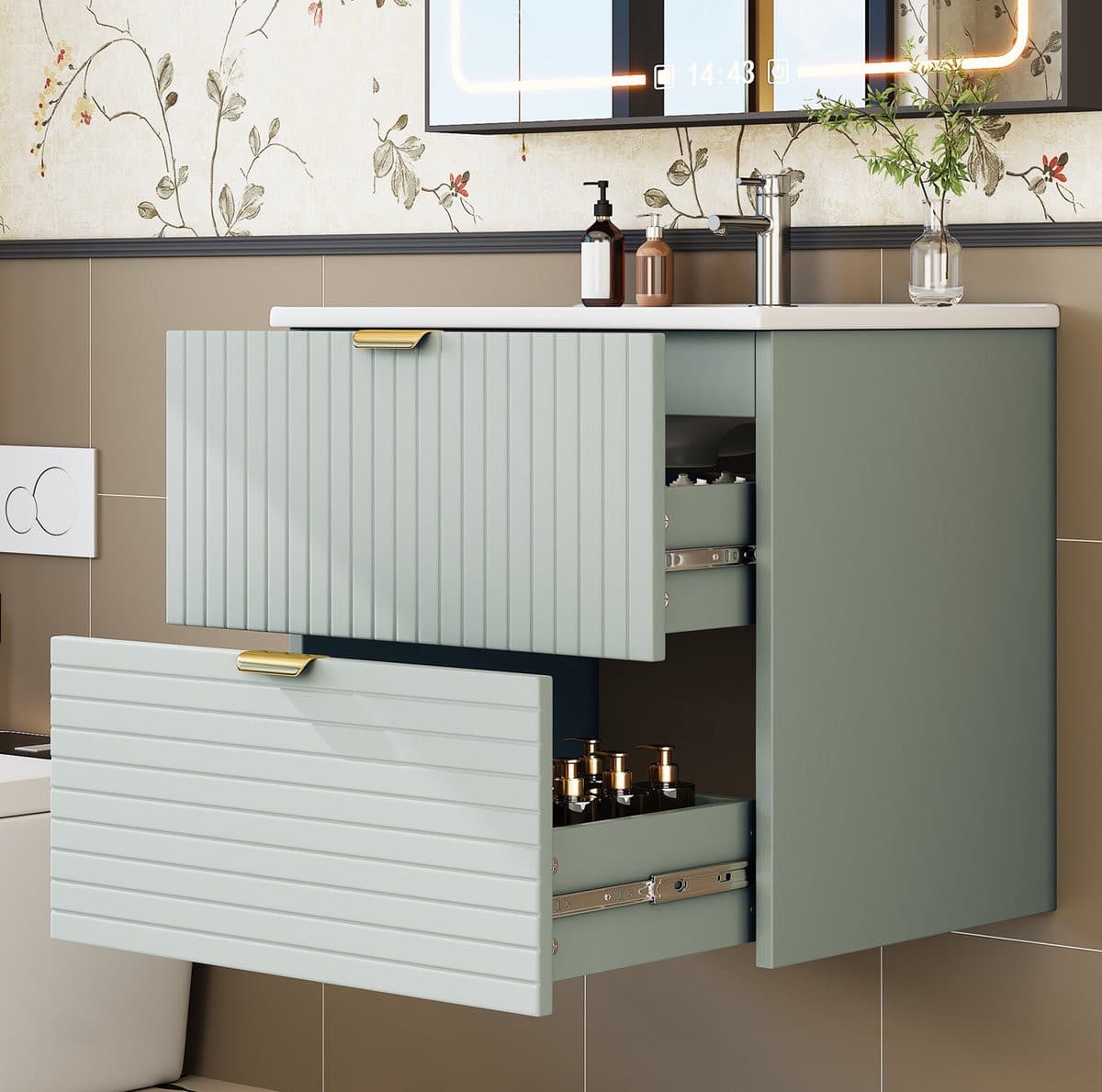 DESMIU Badkamerkast - Wandhangende Wastafelkast met 2 Softclose Laden - Mintgroen - B: 61 cm, D: 46 cm, H: 57 cm