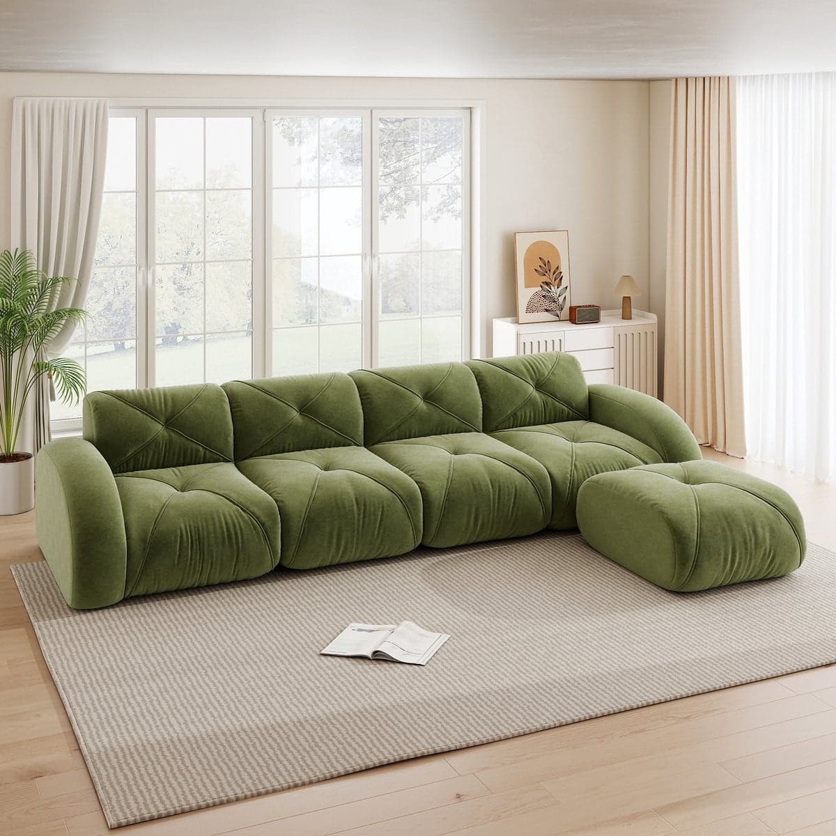 OKWISH Hoekbank 4 Zits - Modulair L-vormig met Hocker - Chenille - Groen